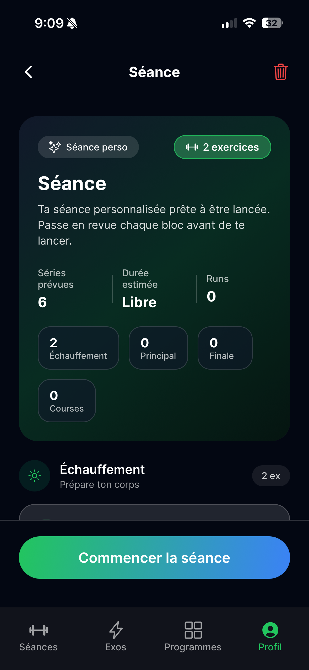 Écran de sélection de séance